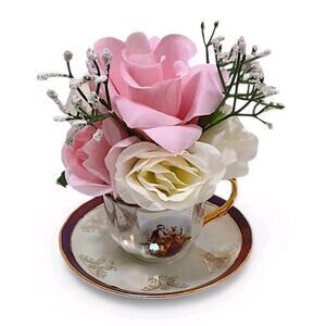 Pink & White Roses Floral Arrangement Tea Cup POP-IN Bridal Party Birthday Love